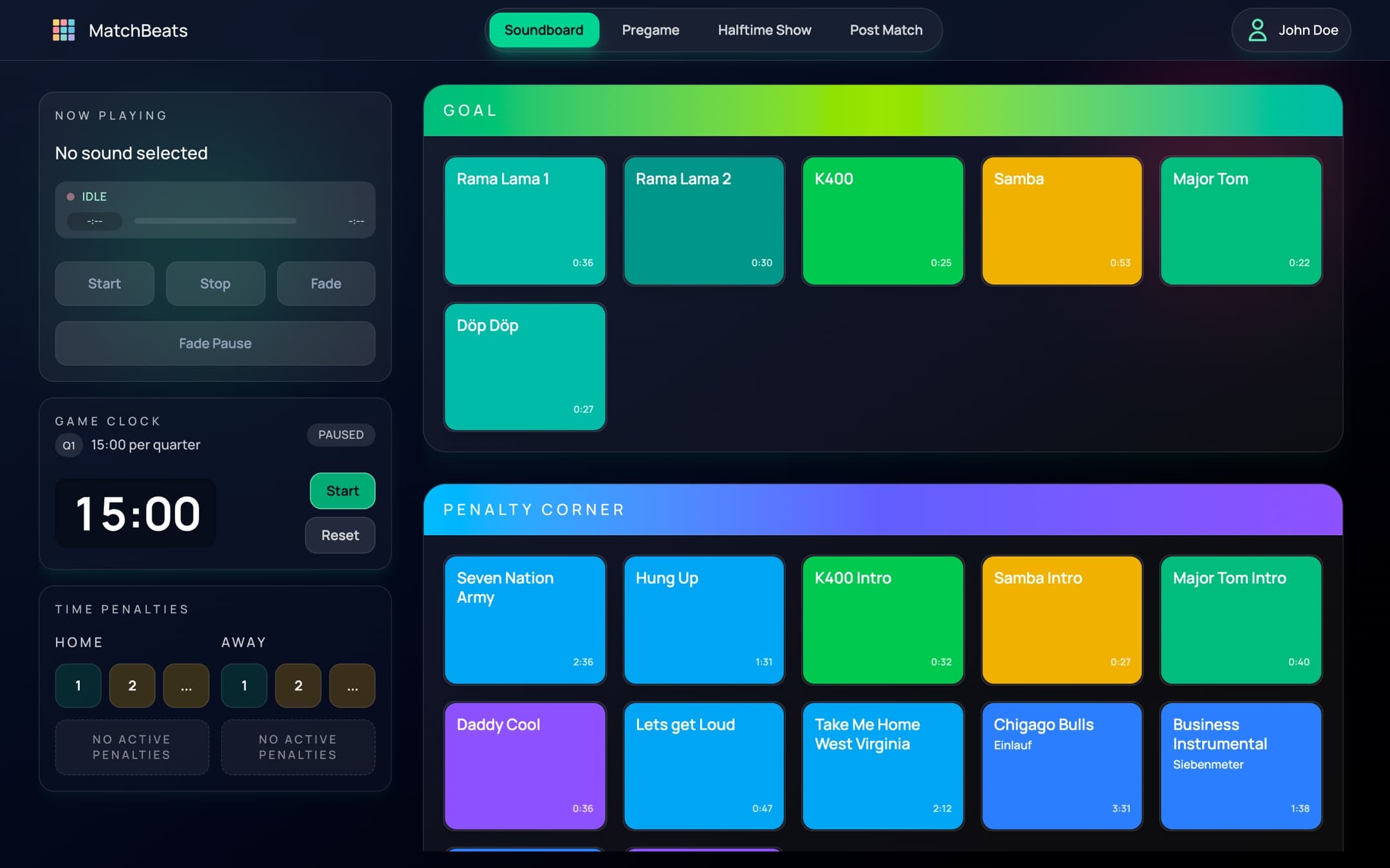The MatchBeats soundboard with clips grouped by match situation